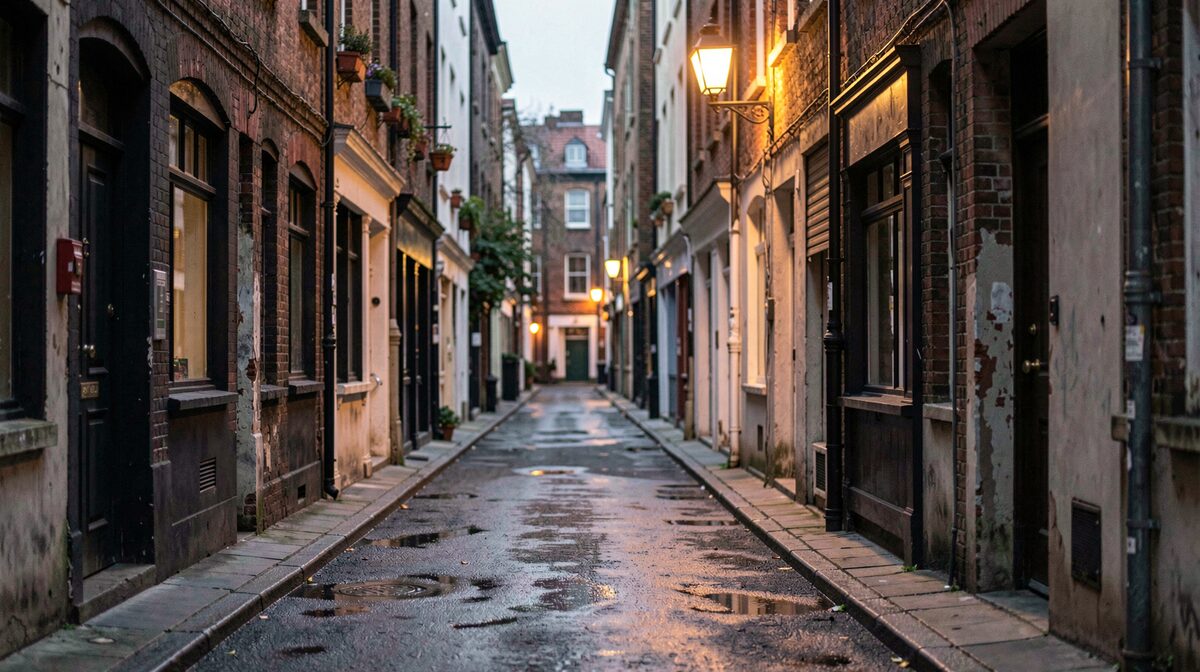 A narrow downtown street at dusk, old shophouse facades on both sides, a single warm streetlamp lit above a dark doorway, wet pavement reflecting the light, shot from eye level with the empty lane leading into the frame.