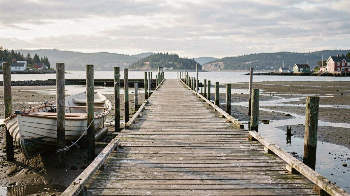 A weathered wooden boardwalk in a small Alaska coastal village at low tide, pilings and a moored skiff on the left, soft morning light, wide horizontal framing with the bay behind.