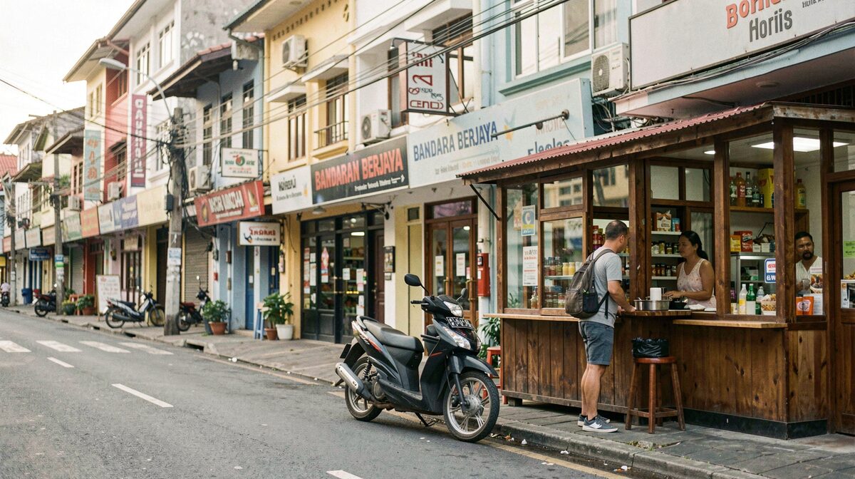 A quiet morning on a Bandaran Berjaya street in downtown Kota Kinabalu, shophouses and a kopitiam before the day warms.