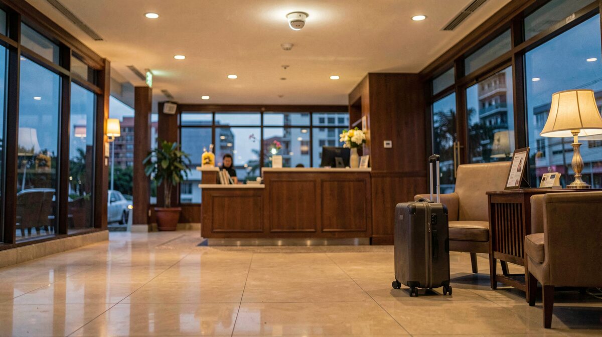 A hotel lobby at dusk in downtown Kota Kinabalu, a small speaker set into the ceiling above a reception desk, warm lamp light on polished floor tiles, a lone suitcase beside a chair, shot from a low angle with the speaker in focus.